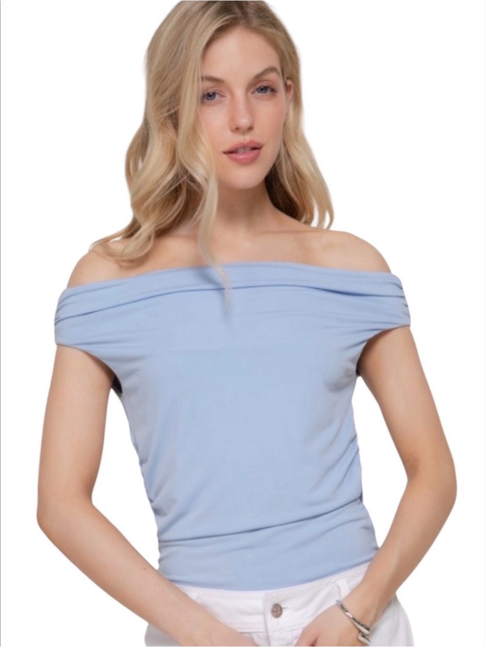 K624 Active USA Women’s Off-Shoulder Ruche Sides Light Blue Bodysuit Large